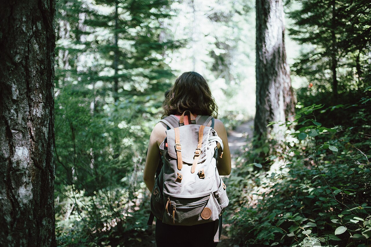 Randonneuse avec un sac a dos sur un sentier en foret pour illustrer l equipement de micro-aventure.